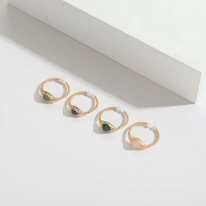 Set of 4 handmade wire-wrapped open rings with oval colorful gemstones in 14K gold plating