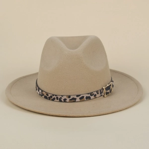 Classic khaki wool fedora hat featuring a leopard print band and gold buckle detail