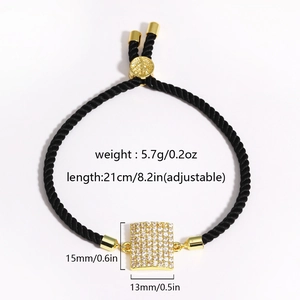 Detailed specs of adjustable black woven bracelet with cubic zirconia square pendant