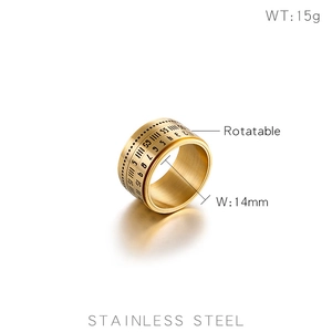 Detail of 14mm gold rotatable stainless steel ring with engraved time scale numerals