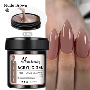 Texture of 150g nude brown extension nail gel and finished long stiletto nail result