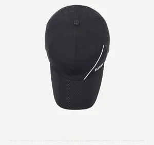Top view of black mesh baseball cap with breathable quick-dry fabric and fashion print