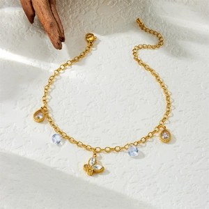 Gold plated stainless steel butterfly anklet with sparkling zircon teardrop pendants