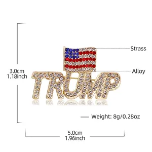 Golden Trump letter brooch with US flag elements and rhinestones for patriotic formal wear