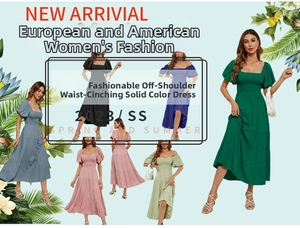 Détails de robes d'été à manches bouffantes et taille haute en six couleurs unies