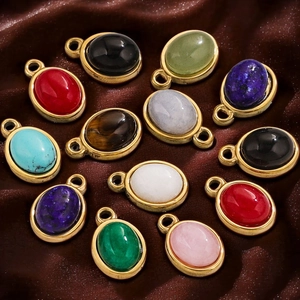 Oval natural stone pendants with gold plating for DIY jewelry making in assorted colors