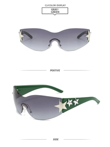 Detail of gray gradient lenses and green temples with silver star accents on Y2K sunglasses