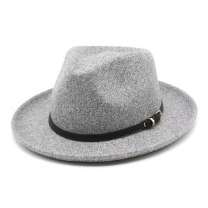 Detailed close-up of gray wool felt fedora hat featuring a stylish black leather buckle band