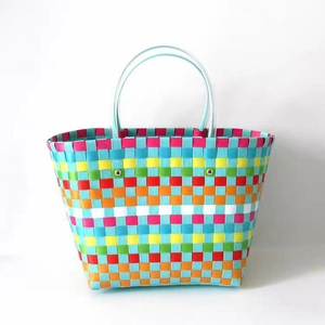 Colorful Plastic Woven Tote Bag Waterproof Large Capacity Shopping Basket With Transparent Handles For Beach Picnic Grocery