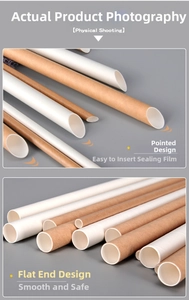 Detail of eco-friendly paper straws with sharp and flat tip designs in wood and white