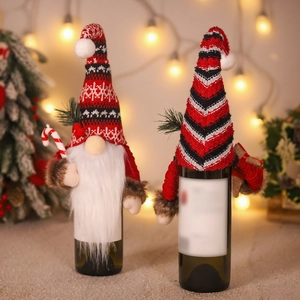 Christmas gnome wine bottle covers with knitted hats and white fur beard decorations