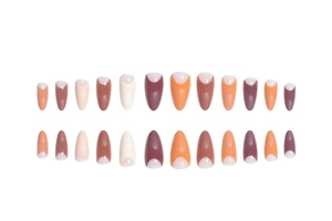 Long almond press-on nails with minimalist French tip in earthy orange and brown tones