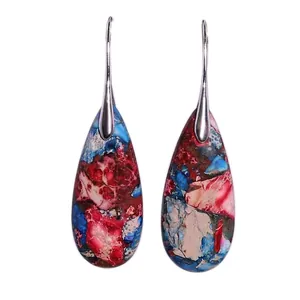Bohemian teardrop earrings with colorful textured natural stones and silver long hooks