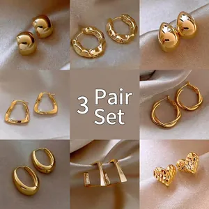 Geometric Hoop Stud Earrings Gold Plated Metal With 925 Sterling Silver Earring Post Fashion Women Jewelry