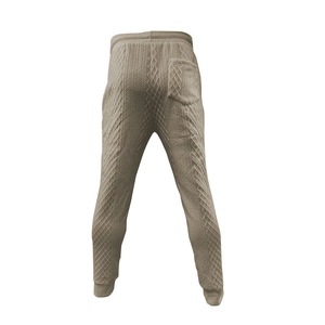 Close-up of khaki knit joggers featuring premium cable texture and a back pocket detail