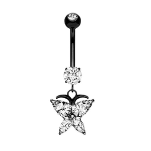 Close-up of black butterfly navel ring with marquise-cut marquise-cut zircon stones