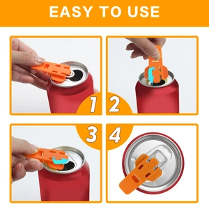 Detailed four-step guide for using the orange plastic easy can opener and cover tool