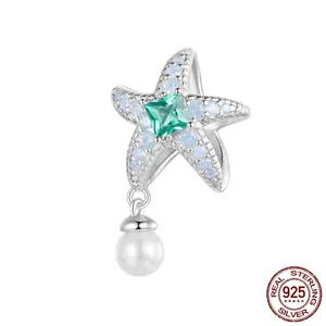 Starfish Charm Bead 925 Sterling Silver Ocean Theme With Artificial Pearl And Green Gemstone For DIY Bracelet Necklace