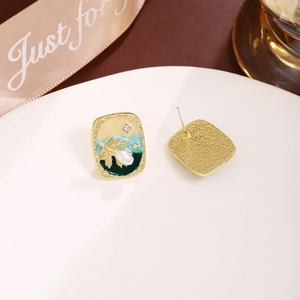 Vintage French style enamel rectangular earrings with pearls and gold finish