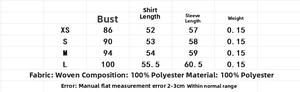 Detailed size chart for floral print shirt with mandarin collar in centimeters
