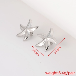 Silver stainless steel starfish earrings with textured surface and size annotations