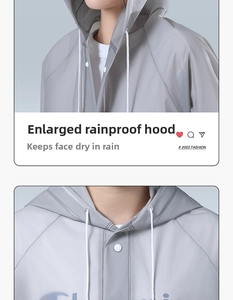 Detail of adjustable drawstring hood on grey EVA raincoat for wind and rain protection