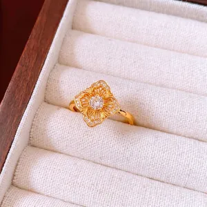 Vintage gold plated flower open ring with sparkling white zircons and retro palace design