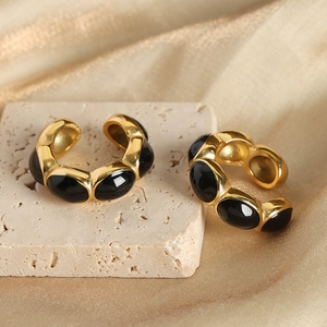 French vintage gold plated titanium steel ring with black enamel oval details on stone