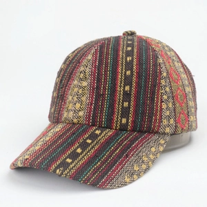 Detailed close-up showing the multi-colored bohemian woven texture of this baseball cap