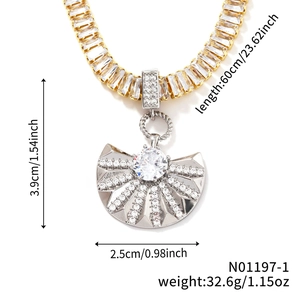 Macro shot of silver fan pendant with clear cubic zirconia and dimensions 3.9cm by 2.5cm
