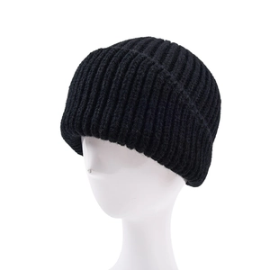 Close-up of black ribbed knit beanie showing high-quality vertical texture and folded brim