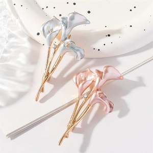 Enamel calla lily brooches with gold branches and crystals for dress accessories
