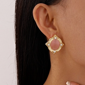 Vintage Baroque oval earrings with pink cat-eye stone and enamel detailing for women