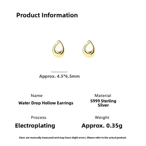 Detailed view of S999 sterling silver water drop earrings with 4.5x6.5mm dimensions
