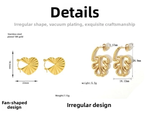 Detail of 18K gold plated stainless steel fan and leaf earrings with weight data