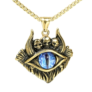 Gothic gold stainless steel necklace featuring a blue evil eye and skull details