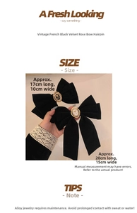 Detail showing dimensions of black velvet rose bow hair clips with pearl alloy center