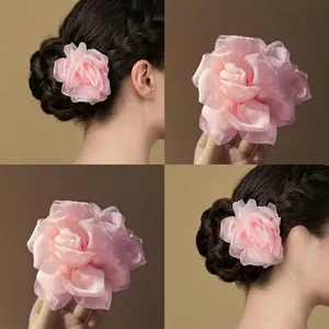 Grande Molletta Per Capelli Con Fiore In Tessuto Dimensional Organza Rosa Gardenia Shark Clip Accessori Per Capelli Eleganti
