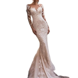 Elegant white lace long sleeve mermaid wedding dress with illusion neckline and train