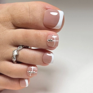 French Tip Press On Toe Nails Nude Pink With White Rhinestones Square Short False Nails For Women Summer Pedicure