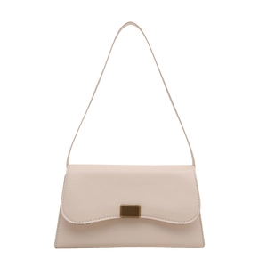 Minimalist creamy white baguette shoulder bag with gold hardware clasp and sleek design