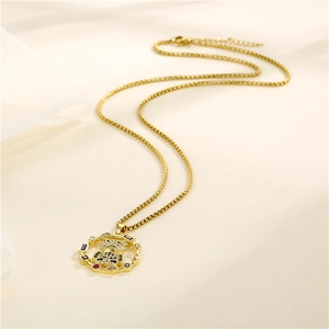 Gold stainless steel necklace with hollow round bear pendant and colorful zirconia stones
