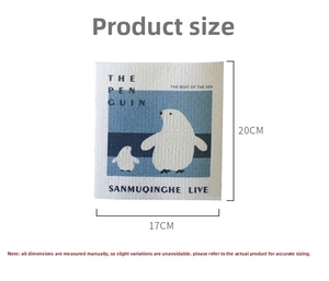 Detailed size chart for penguin print compressed wood pulp sponge cleaning cloth