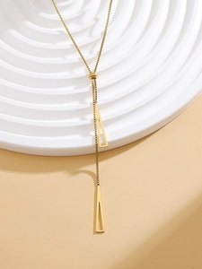 Adjustable golden Y-necklace featuring geometric hollow triangle pendants on a box chain