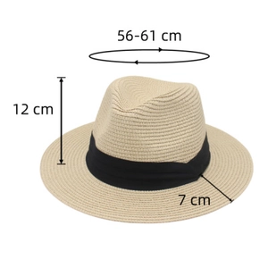 Detailed size chart of beige Panama straw hat showing dimensions 56-61cm, 12cm, and 7cm
