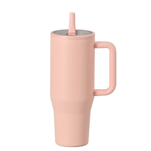 Detail of 40oz pink matte tumbler featuring leakproof straw lid and ergonomic handle