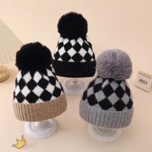 Baby Knit Beanie Hat Acrylic Warm Winter Pom Pom Checkerboard Argyle Pattern Infant Toddler Newborn