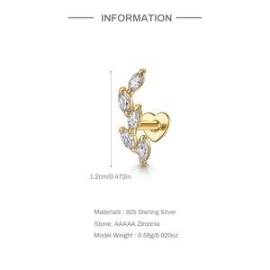 Detailed spec sheet showing 925 silver marquise zirconia heart cartilage earring dimensions