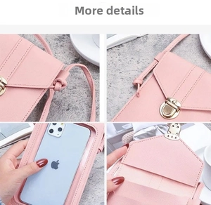 Close-up of pink lychee leather phone bag showing touch-screen window and metal buckle