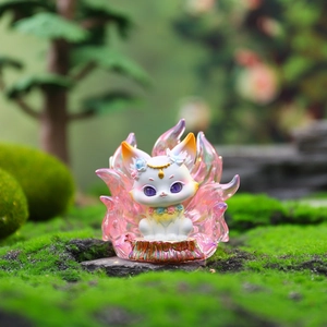 Macro detail of a glowing fox figurine with iridescent pink tails on a forest moss base